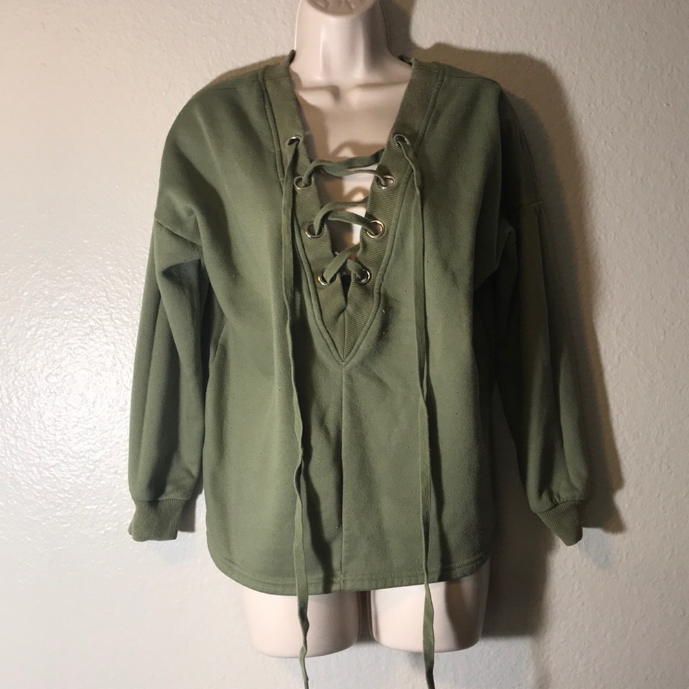 Army green large grommet tie up sweater